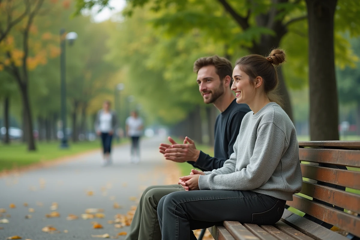 Jeune femme écoute un homme en plein échange dans un parc