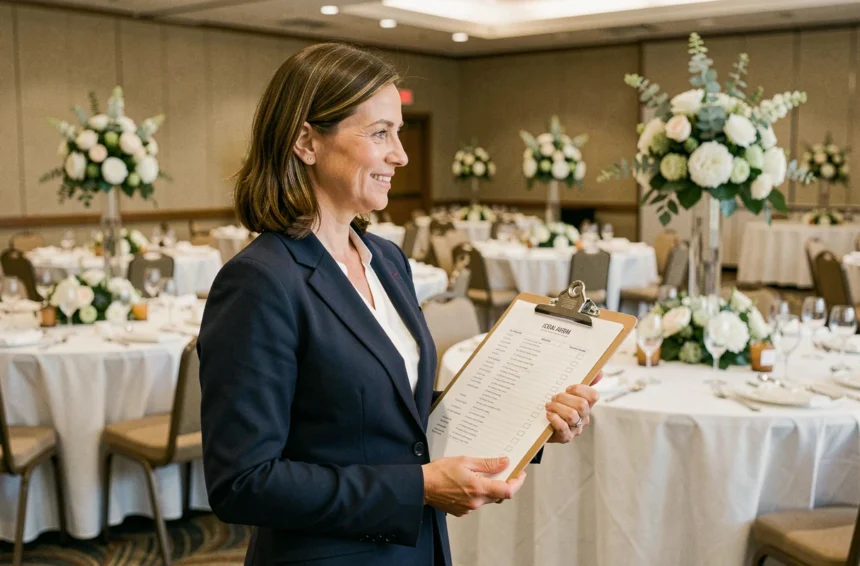 Coordinatrice d'événements tenant une check-list dans une salle de réception préparée pour 100 personnes avec tables rondes et décoration florale