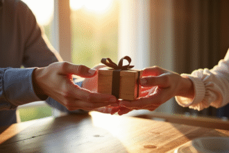 Main d'un couple échangeant une petite boîte cadeau en bois et fer