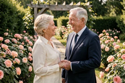 Couple de personnes âgées se tenant la main dans un jardin fleuri lors de leur 50 ans de mariage