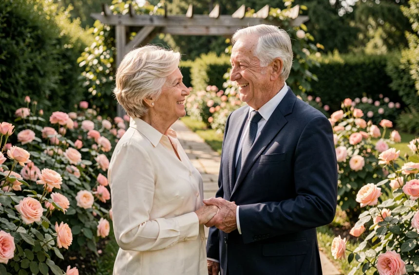 Couple de personnes âgées se tenant la main dans un jardin fleuri lors de leur 50 ans de mariage