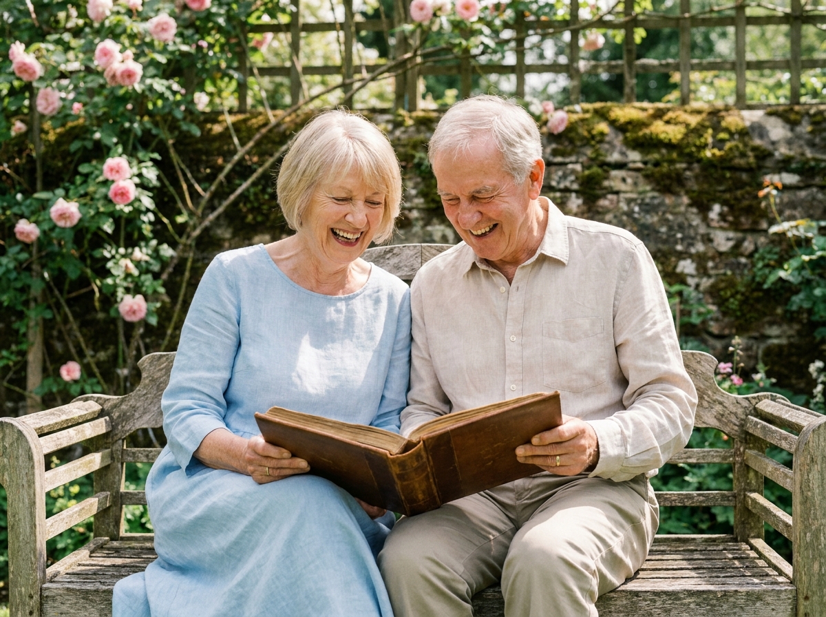 Couple âgé regardant un album photo de mariage assis sur un banc dans un jardin fleuri