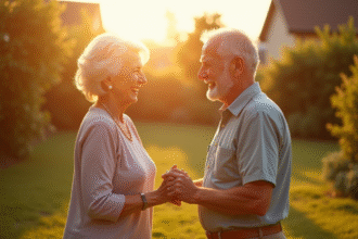Couple âgé souriant main dans la main dans un jardin ensoleille