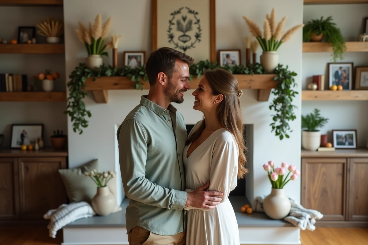 Couple célébrant 17 ans de mariage devant une cheminée décorée de guirlandes d'eucalyptus, de photos de mariage et de tulipes roses