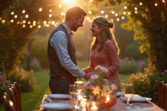 Couple heureux dans un jardin décoré pour anniversaire
