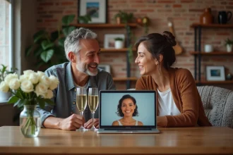 Couple célébrant 15 ans de mariage à distance via appel vidéo avec champagne et roses blanches sur une table en bois