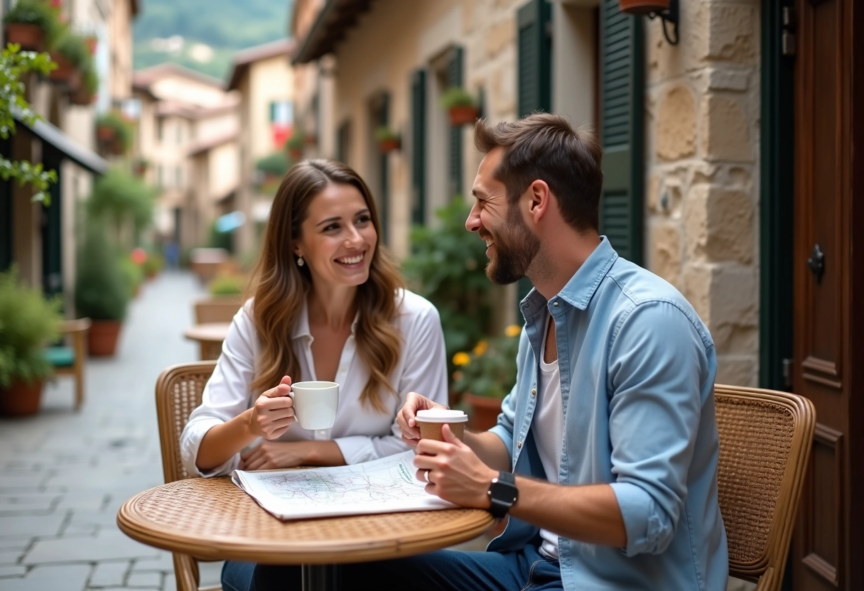 Jeune couple au café en village européen charmant