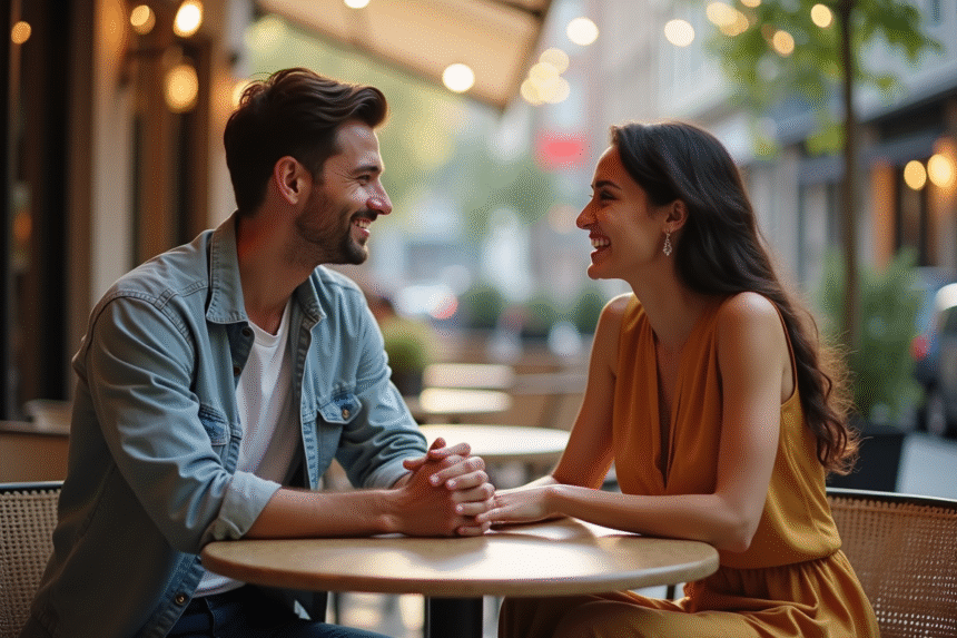 Couple souriant main dans la main sur une terrasse de café