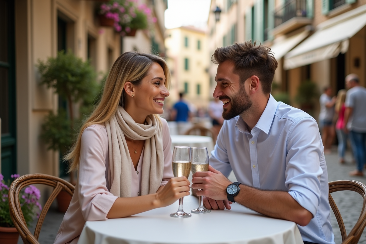Jeune couple trinquant dans un café européen charmant