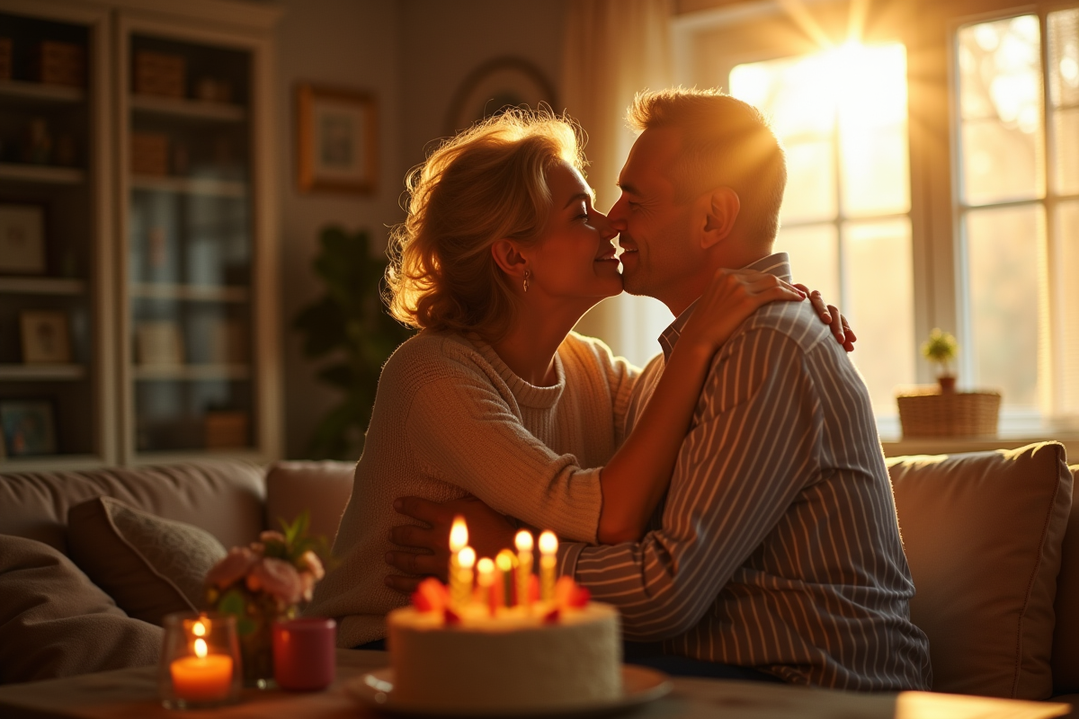 Couple échangeant un câlin dans un salon ensoleille pour anniversaire
