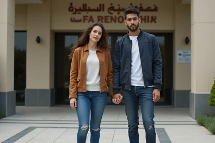 Jeune couple nord-africain devant le consulat français