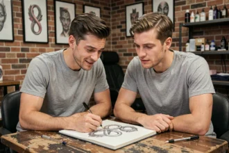 Couple en consultation dans un salon de tatouage discutant d'un tatouage alliance infini avant de prendre leur décision