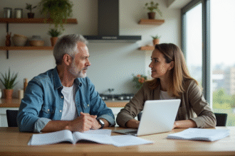 Couple dans la cuisine discutant de documents officiels