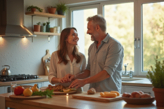 Couple riant en cuisinant dans une cuisine lumineuse