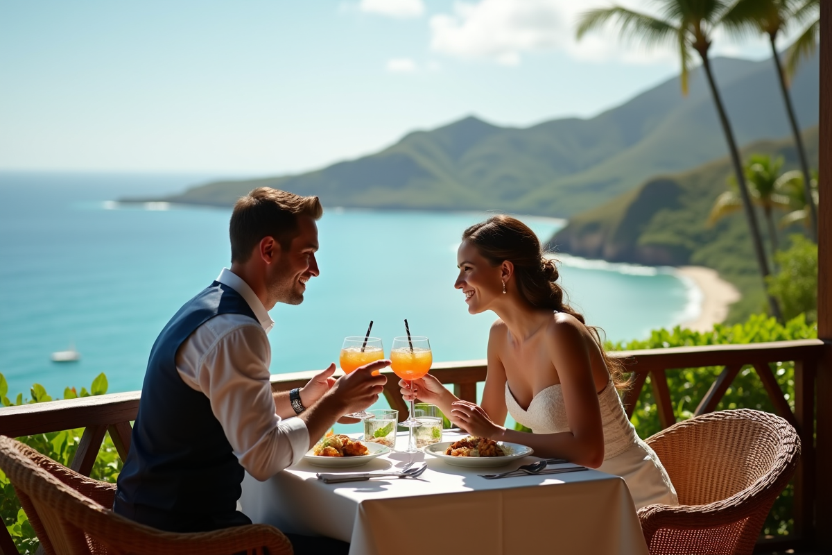 Couple marié dégustant un dîner à Hawaii