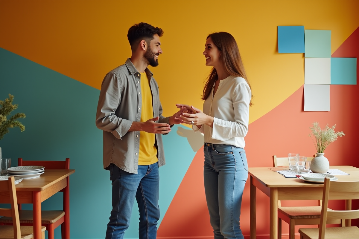 Jeune couple discutant des couleurs de peinture dans la salle à manger