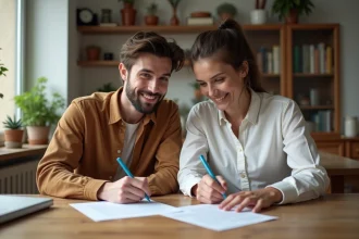 Jeune couple multiculturel remplissant des formulaires à Paris
