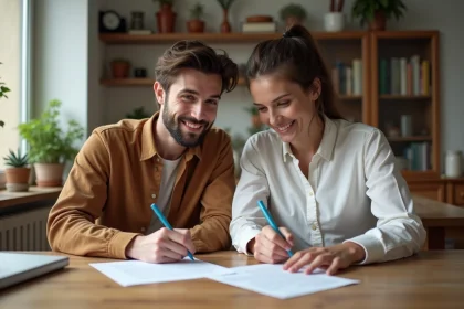 Jeune couple multiculturel remplissant des formulaires à Paris