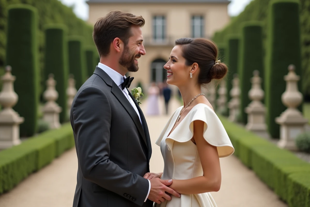 Couple français en tenue formelle conversant dans un jardin à la française lors d'une réception élégante en plein air