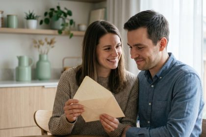 Jeune couple souriant avec invitation dans une cuisine moderne