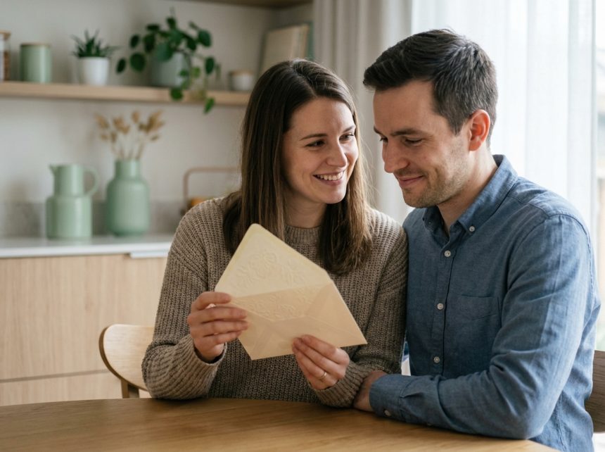 Jeune couple souriant avec invitation dans une cuisine moderne