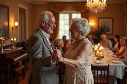 Couple d'ainés dansant lors d'une fête chaleureuse