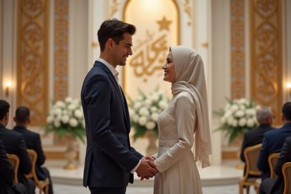 Jeune couple de mariage dans une salle arabe élégante