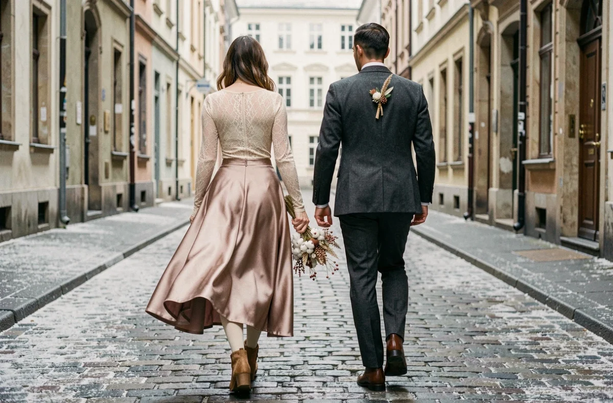 Couple de mariés bohèmes marchant sur des pavés givrés, mariée en robe dentelle et jupe satin avec bottines pour mariage d'hiver