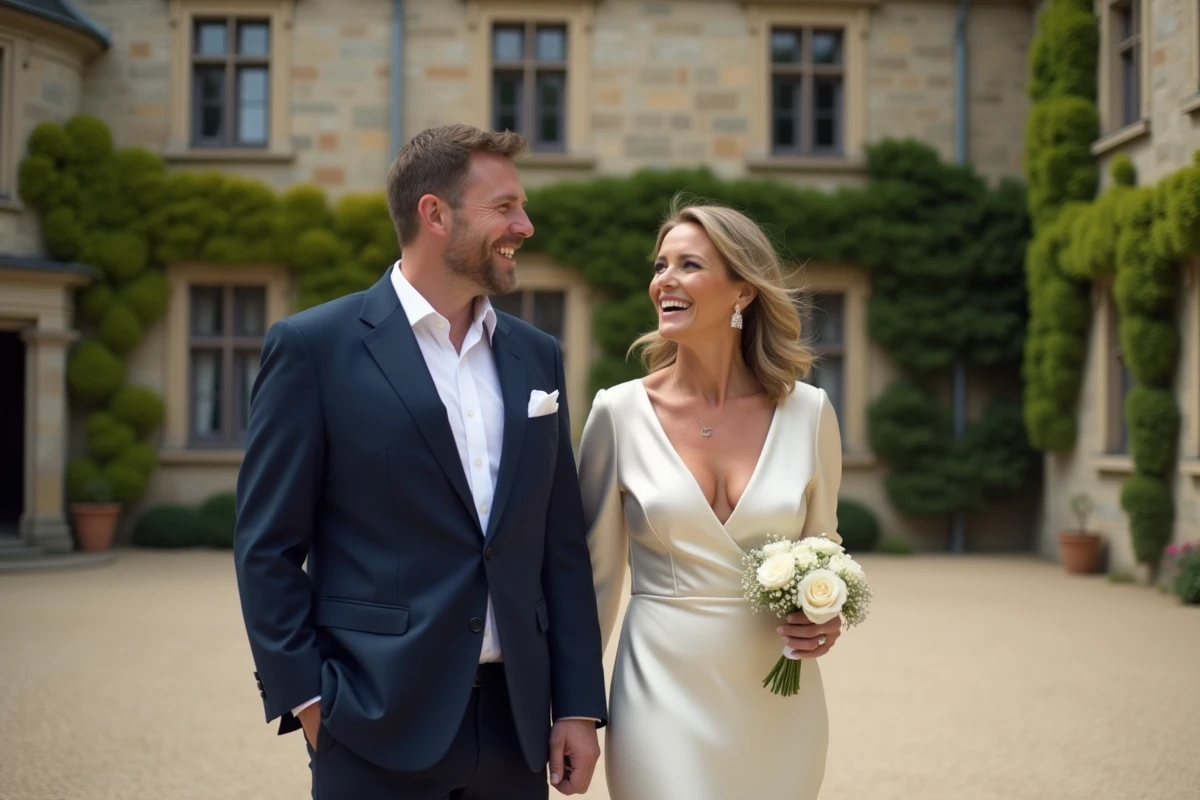 Couple élégant devant un château de campagne française, la femme en robe satin ivoire et l'homme en costume bleu marine, ambiance mariage discret et raffiné