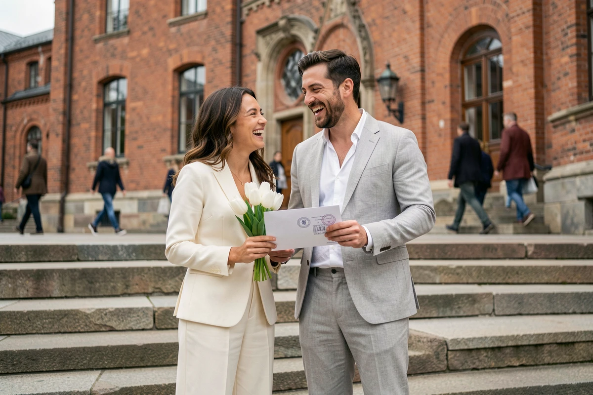 Couple interculturel souriant devant l'hôtel de ville de Copenhague après leur mariage civil avec documents officiels