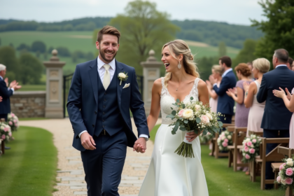 Jeune couple heureux lors d'un mariage en extérieur