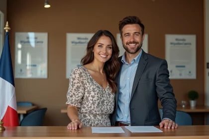 Jeune couple souriant devant la mairie en France