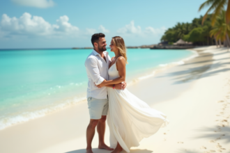 Jeune couple en mariage sur une plage tropicale ensoleillee