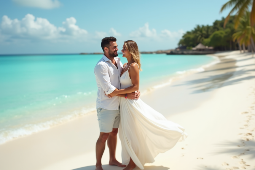 Jeune couple en mariage sur une plage tropicale ensoleillee