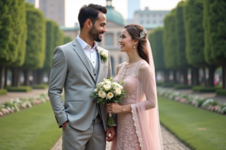 Jeune couple interracial en mariage dans un parc urbain