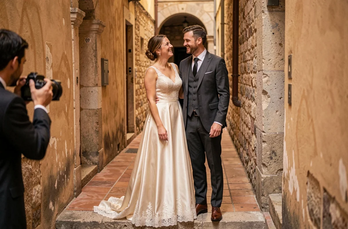 Couple de mariés photographié dans une traboule lyonnaise par leur photographe de mariage, architecture historique en arrière-plan