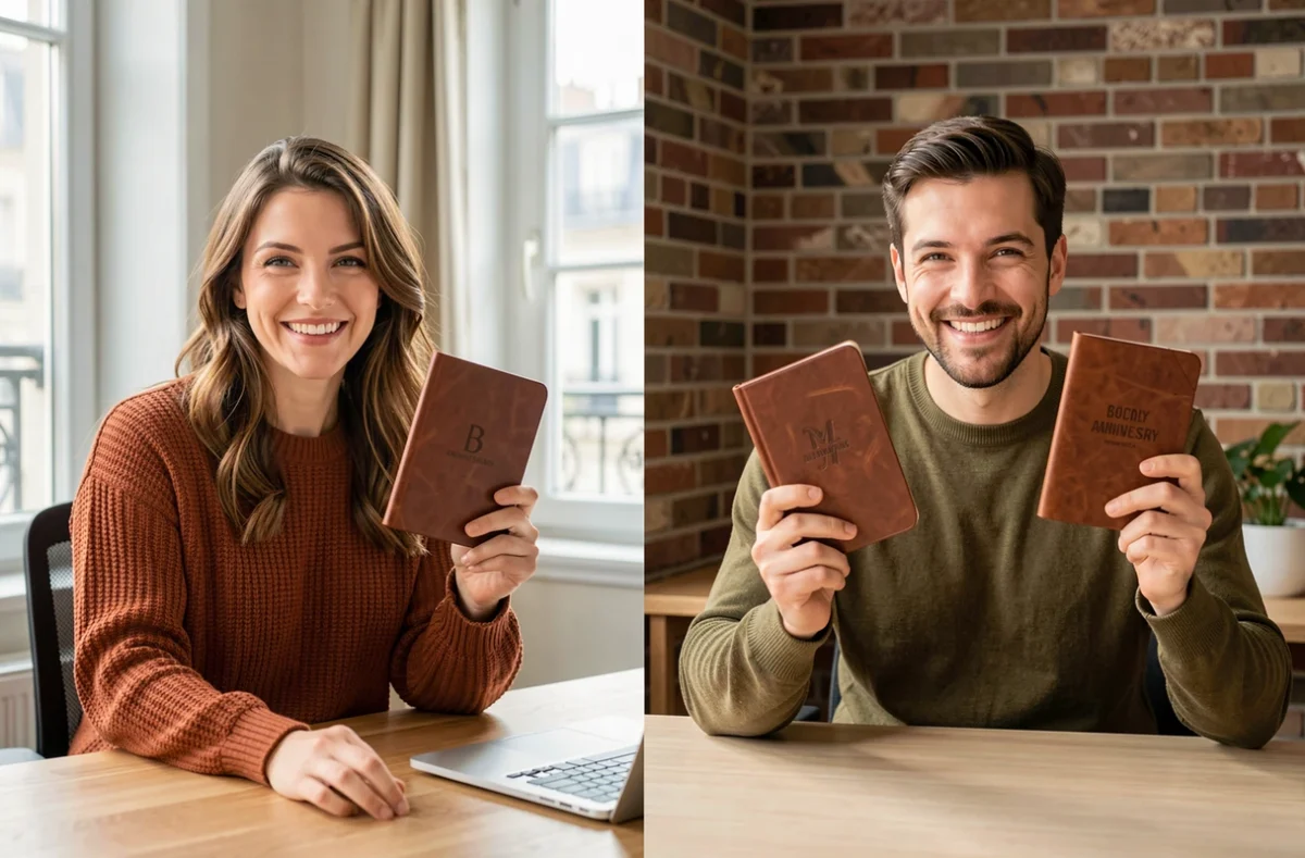 Couple célébrant leurs noces de cuir à distance en tenant des carnets en cuir lors d'un appel vidéo