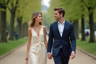 Jeune couple élégant dans un parc parisien en promenade