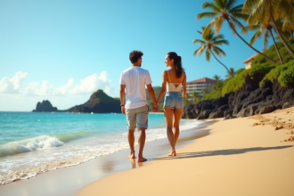 Jeune couple souriant sur la plage hawaienne