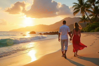 Couple marchant sur une plage hawaienne au coucher du soleil