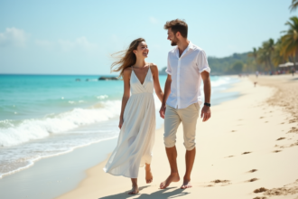 Jeune couple souriant sur la plage de sable blanc