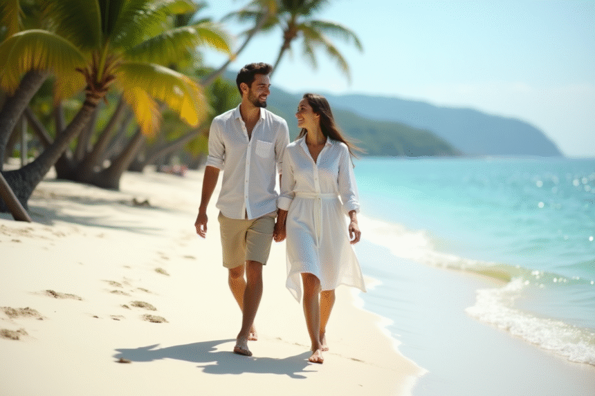 Jeune couple main dans la main sur plage tropicale
