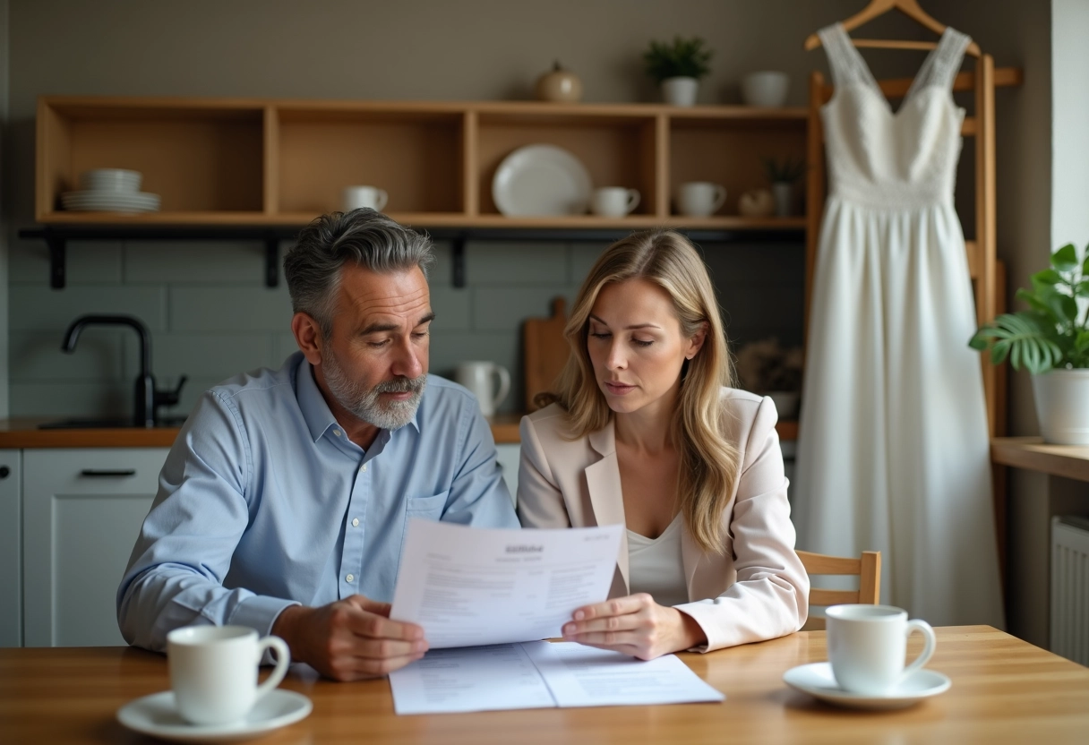 Couple préparant le mariage avec facture dans la cuisine