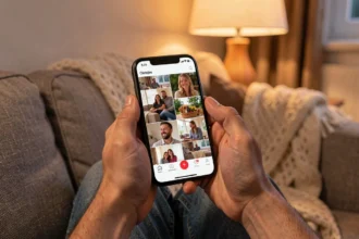 Couple regardant un diaporama de photos sur un téléphone, le soir