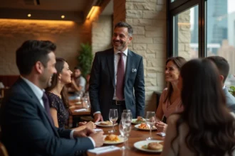 Couple élégant discutant dans un restaurant chic en ville