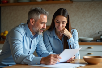 Couple de milieu de vie discutant de documents dans la cuisine