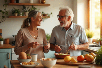 Couple mature riant en préparant le petit déjeuner dans une cuisine lumineuse