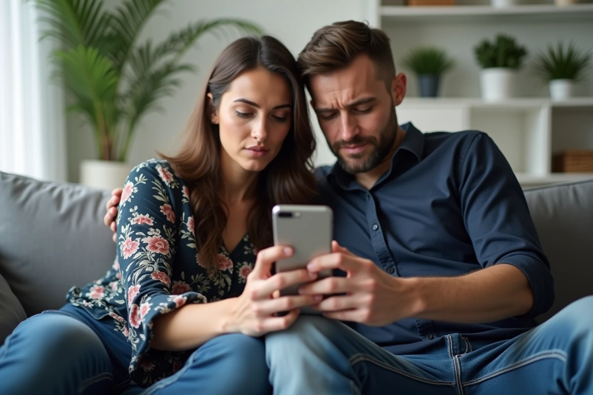Couple perplexe tentant de naviguer sur un site de mariage mal optimisé pour mobile