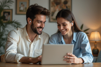 Jeune couple souriant avec écouteurs dans un salon cosy