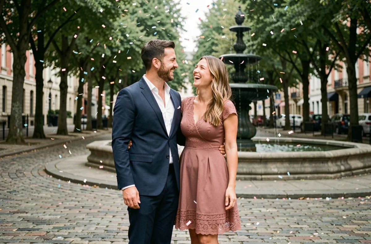 Couple en tenue de mariage civil abordable célébrant sur une place pavée avec confettis, look élégant petit budget